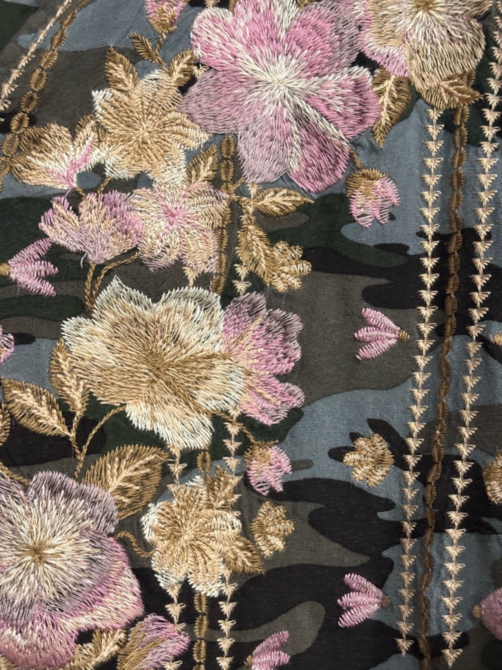 Savanna Jane Camo V-Neck Tunic with Pink and Gold Floral Embroidery - Picture 2 of 6